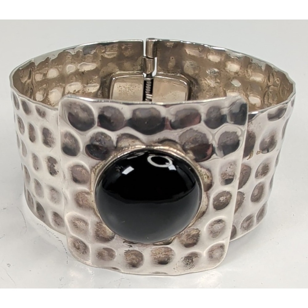 Ilaria Peru 925 Sterling Heavy Hammered Hinged Black Onyx Bangle Bracelet 69g